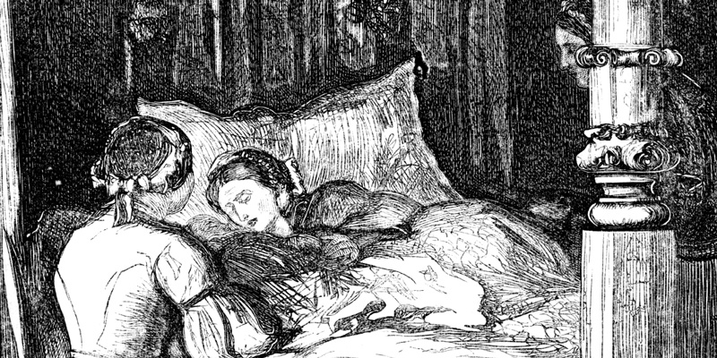 Bild eines Kupferstichs mit einer kranken Frau im Bett und einer daneben sitzenden Frau