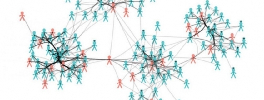 Picture of groups of red and blue stick figures connected with black lines