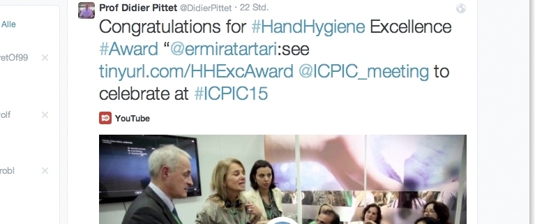 Screenshot of a posting from Prof Didier Pittet congratulates Dr. Michael Borg's Team on winning the Hand Hygiene Excellence Award 2015