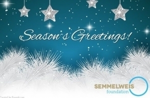 blue Card with the Semmelweis foundation Logo and the text "Season's Greetings!" on it